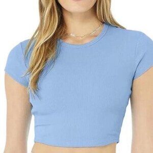 Alo Yoga blue ribbed short sleeve crop top
